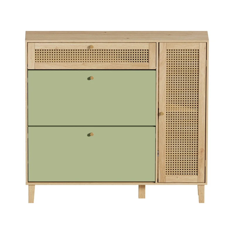 Schuhschrank mit Rattan-Elementen, verstellbaren und herausnehmbaren Trennwänden, platzsparendes Design, 107x24x105 cm, Grün