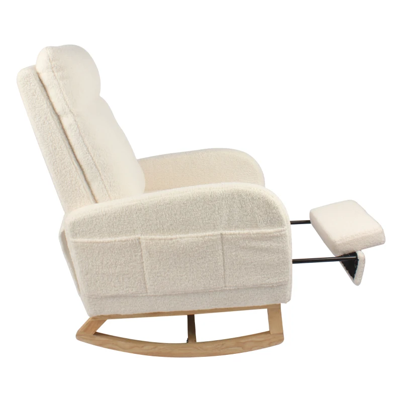 Fauteuil à bascule d’allaitement, dossier haut, tissu teddy, poche latérale, repose-pieds, base en bois courbé, Blanc