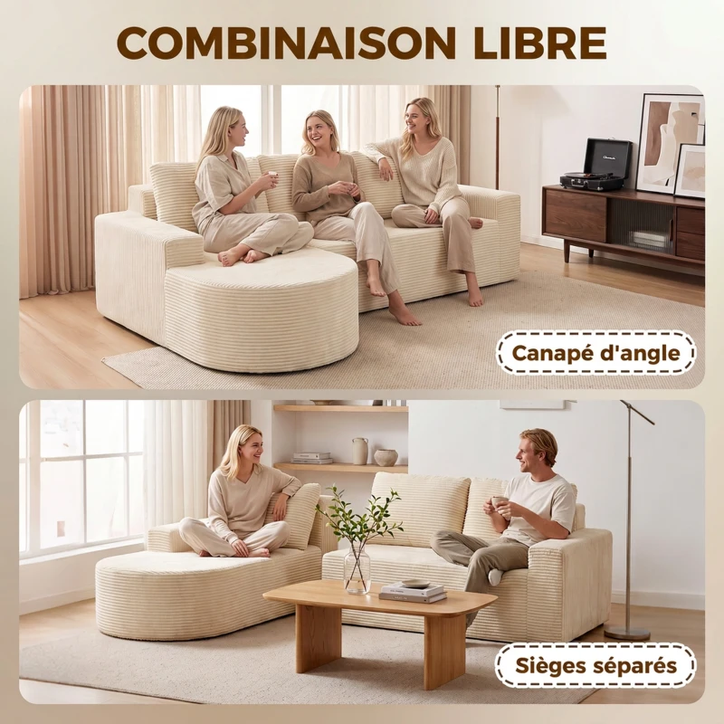 HOMCOM Canapé d'Angle 3 Places en Velours Côtelé, Canapé Compressé en L 235cm, Méridienne Incurvée, Assise Profonde, Beige