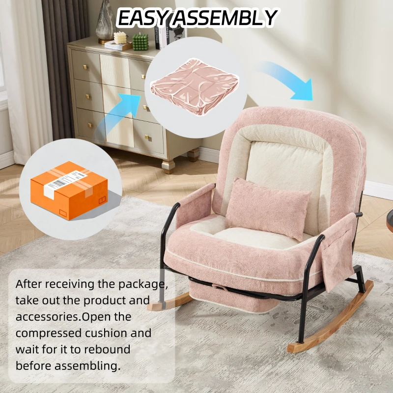 Fauteuil à bascule grand format, dossier réglable et repose-pieds escamotable, poches latérales, coussin rembourré, intérieur et extérieur, Rose