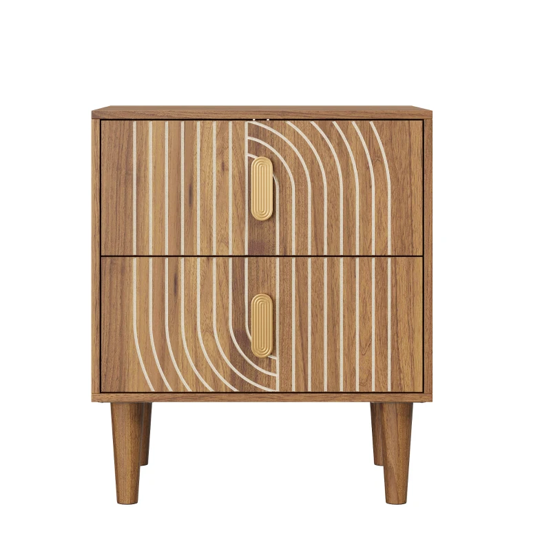 Nachttisch mit 2 Schubladen und geometrischen Intarsien, Boho-Stil, MDF, 48x38x56 cm, Walnussbraun