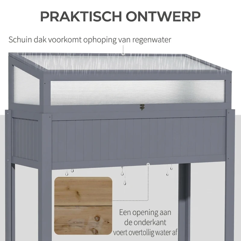 Outsunny Verhoogd Bed Hout met Koud Frame 2-in-1 Kas Tomatenhuis Groentebed Kruidenbed Plantenbak voor Tuin Balkon en Terras Polycarbonaat Grijs 120 x 54 x 112/122 cm