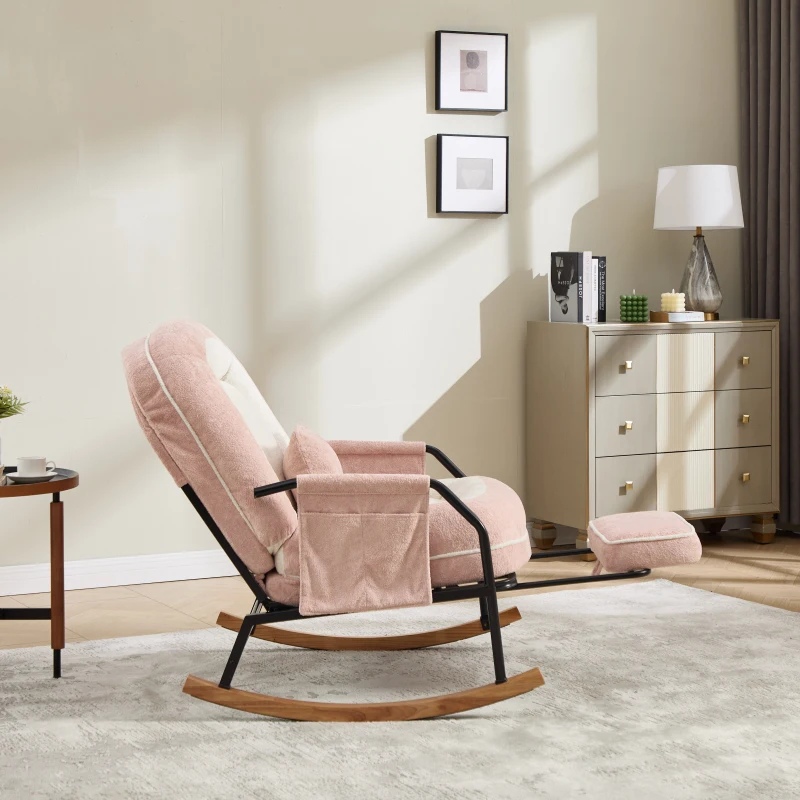 Fauteuil à bascule grand format, dossier réglable et repose-pieds escamotable, poches latérales, coussin rembourré, intérieur et extérieur, Rose