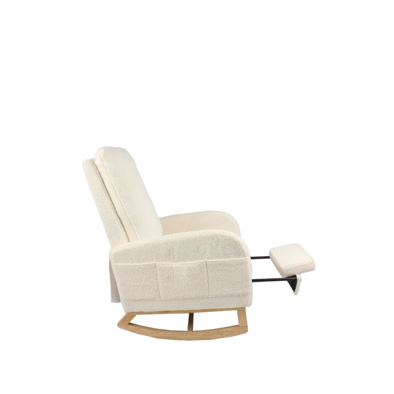 Fauteuil à bascule d’allaitement, dossier haut, tissu teddy, poche latérale, repose-pieds, base en bois courbé, Blanc