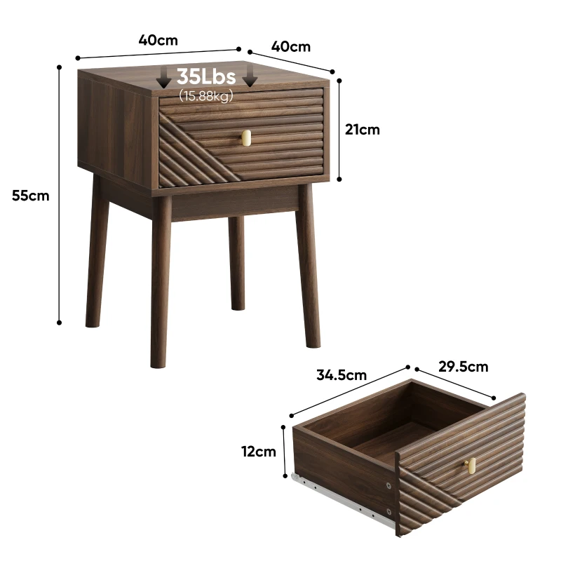 Nachttisch, Mid-Century-Modern-Stil, gerilltes Design und Metallgriffe, 40x40x55 cm, Walnuss