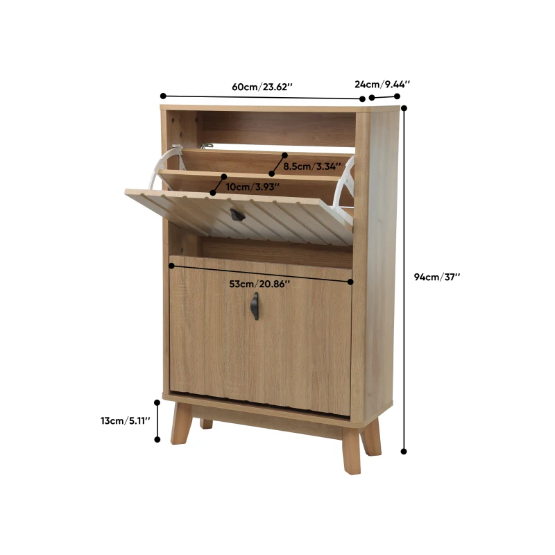 Schuhschrank mit Kippschutz und Doppeltüren, 60x24x94 cm, Eiche
