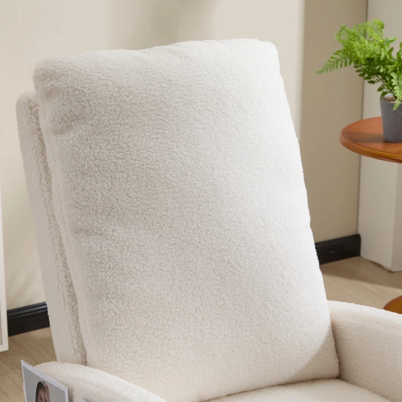 Fauteuil à bascule d’allaitement, dossier haut, tissu teddy, poche latérale, repose-pieds, base en bois courbé, Blanc