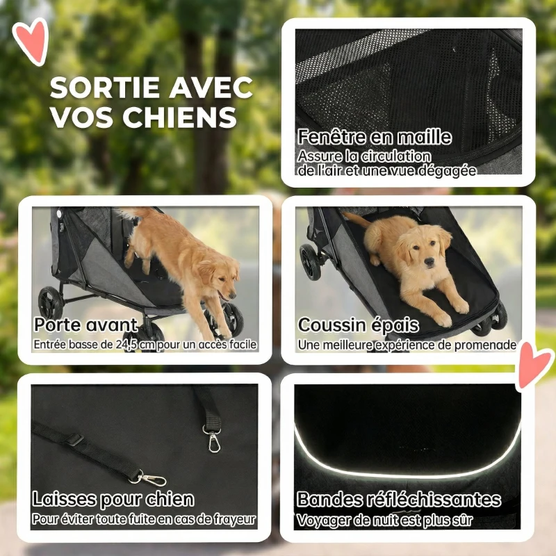 PawHut Poussette pour Chien Pliage 1 Main Suspension Ressort Tout Terrain Double Roues Avant 100x64,5x108cm Gris
