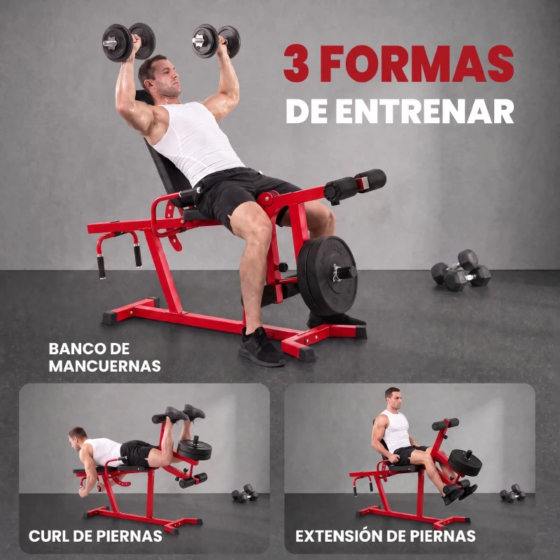 SPORTNOW Máquina de Extensión y Curl de Piernas Ajustable 3 en 1 Carga 300 kg con Carga de Placas para Casa Gimnasio Rojo