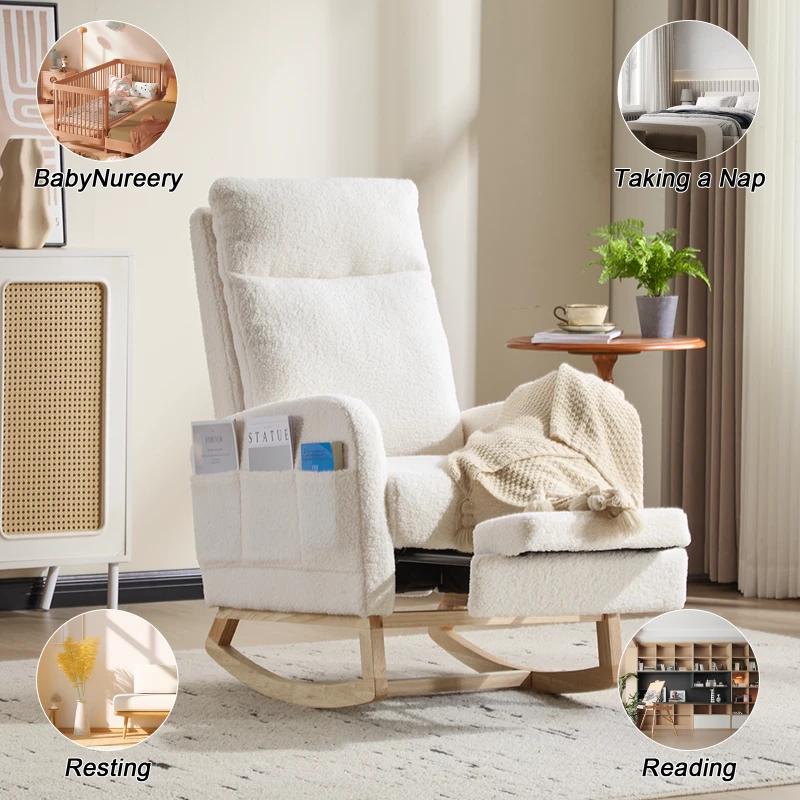 Fauteuil à bascule d’allaitement, dossier haut, tissu teddy, poche latérale, repose-pieds, base en bois courbé, Blanc