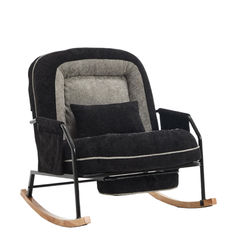Fauteuil à bascule grand format, dossier réglable, repose-pieds escamotable, coussin rembourré, poches latérales, intérieur et extérieur, Noir+Gris