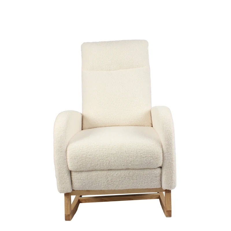 Fauteuil à bascule d’allaitement, dossier haut, tissu teddy, poche latérale, repose-pieds, base en bois courbé, Blanc