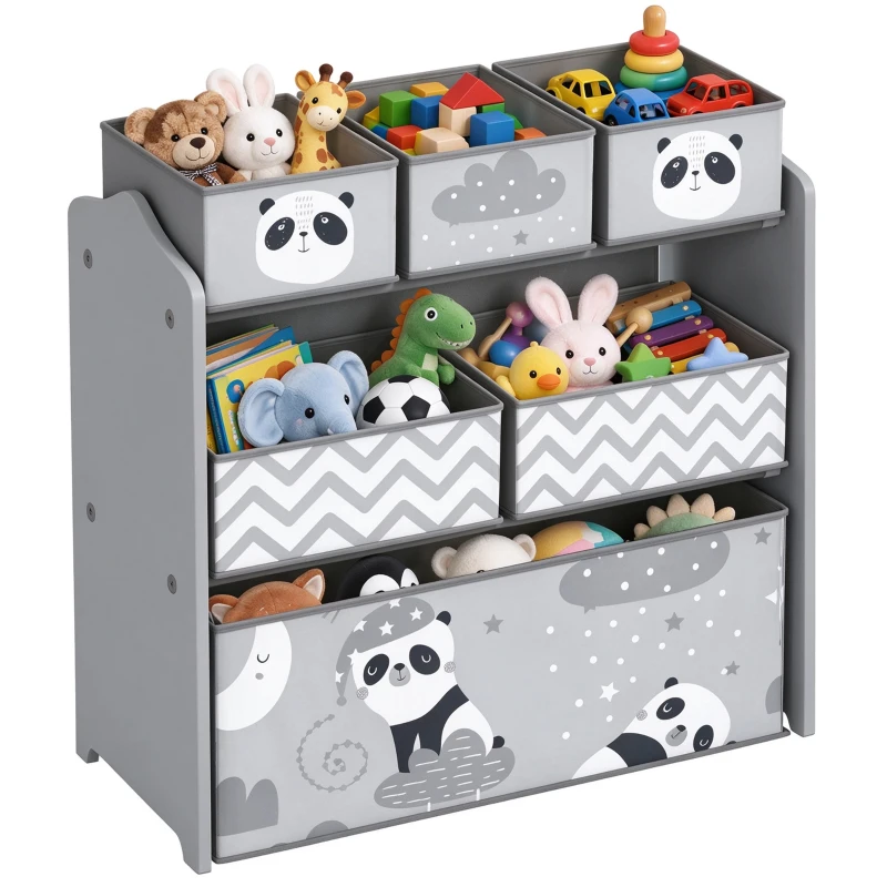 ZONEKIZ Raft pentru Jucării pentru Copii cu 6 Recipiente Detasabile din Material Textil, 63x30x66cm, Gri