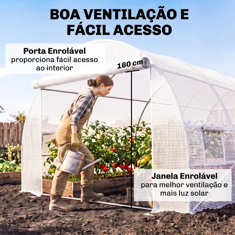 Outsunny Cobertura de Estufa de Túnel 6x3x2m Cobertura de Substituição de Estufa com 12 Janelas e Portas Enroláveis Branco