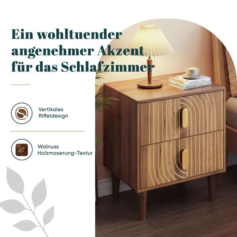 Nachttisch mit 2 Schubladen und geometrischen Intarsien, Boho-Stil, MDF, 48x38x56 cm, Walnussbraun