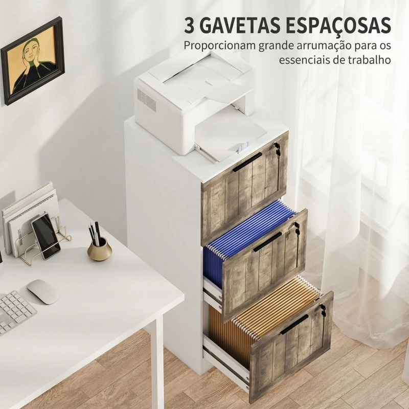 HOMCOM Gaveteiro de Secretária com 3 Gavetas, Fechadura e Chaves, Barras Suspensas para A4 e Carta, 39,4x40x98,7 cm, Branco e Madeira