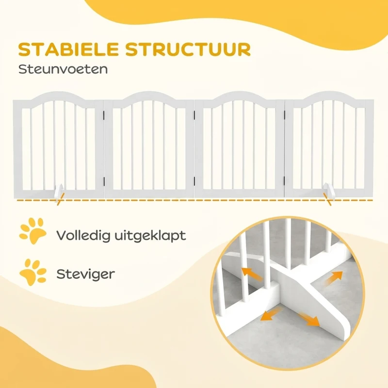 PawHut Opvouwbaar Hondenhek, 4 Panelen, voor Trappen, Gangen, Deuren, MDF/Massief Hout, Wit