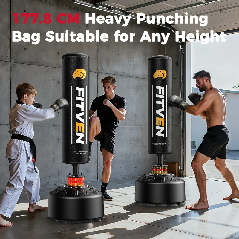 Freistehender Boxsack, für Boxen, Kickboxen, Muay Thai und MMA, Saugnapf-Basis, inklusive Boxhandschuhe, Schwarz