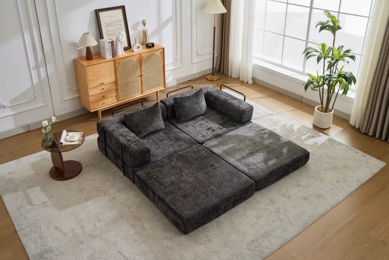 Schlafsofa, wandelbares Bodensofa, modular, Chenille, 200x100x63 cm, Schwarz