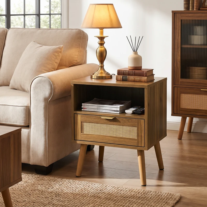 Nachttisch aus MDF mit Rattanfront, offenem Regal und Schublade, Boho- und Mid-Century-Design, goldener Griff, 45x40x55 cm, Walnuss