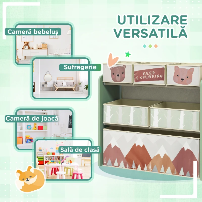 ZONEKIZ Etajeră pentru Depozitarea Jucăriilor pentru Copii, cu 6 Coșuri Detasabile din Material Textil, 63x30x66cm, Verde