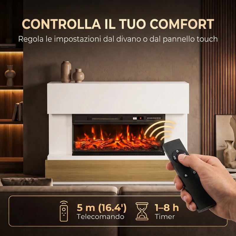 HOMCOM Camino Elettrico da Terra e Incasso a 3 Lati, 900/1800W, 12 Colori Fiamma 3D,  117 cm, Bianco