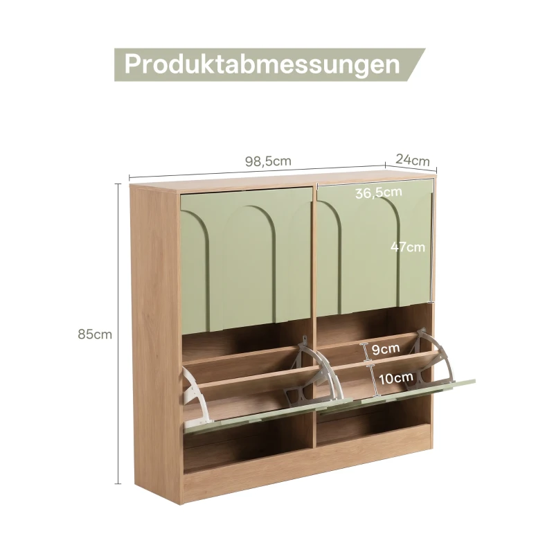 Schuhschrank mit 4 Klappen, schmal, modernes Skandi-Design, 98,5x24x85 cm, Schwarz/Grün