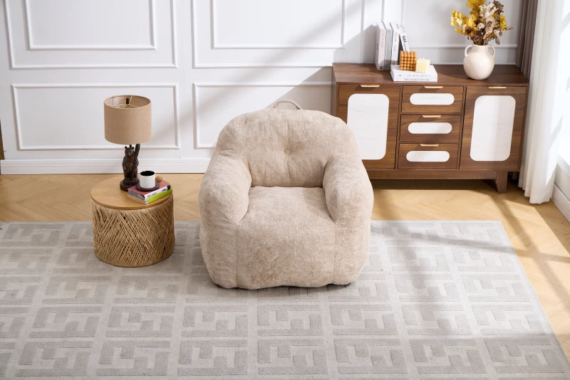 Sitzsack-Sofa mit Armlehnen, zerkleinerter Schaumstofffüllung und Kunstfellbezug für Wohn- und Schlafzimmer, Beige