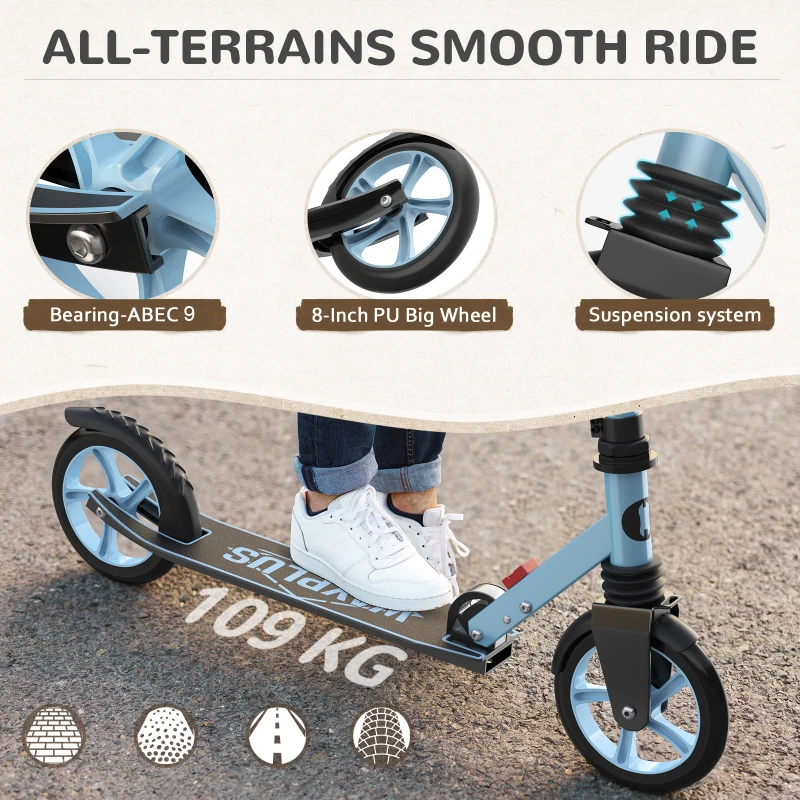 Trottinette pliable dès 6 ans pour enfants, adolescents et adultes, roues 8 pouces, guidon réglable sur 4 niveaux, roulement ABEC9, Bleu bébé