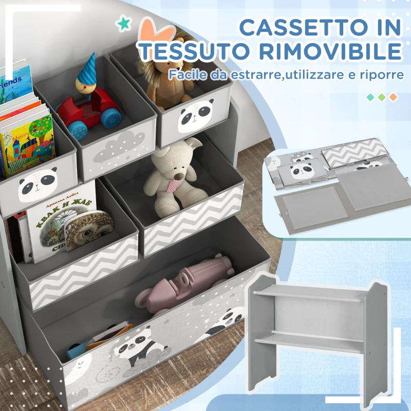 ZONEKIZ Scaffale Portagiochi per Bambini con 6 Contenitori Rimovibili in Tessuto, 63x30x66 cm, Grigio