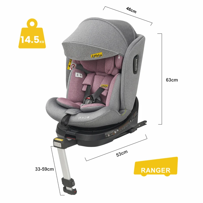 Jovikids drehbarer Kindersitz mit ISOFIX, i-Size, Liegefunktion und Nutzung ab Geburt bis 12 Jahre, Rosa+Grau