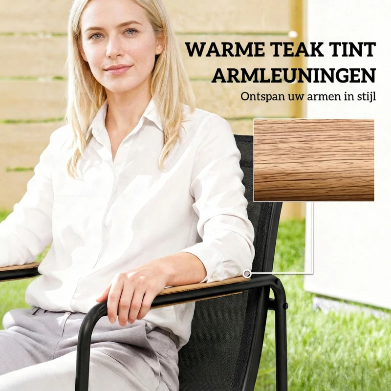 Outsunny Tuinmeubelset zitgroep 150 x 80 cm glazen tafel met 6 ademende stoelen decoratieve armleuningen zwart