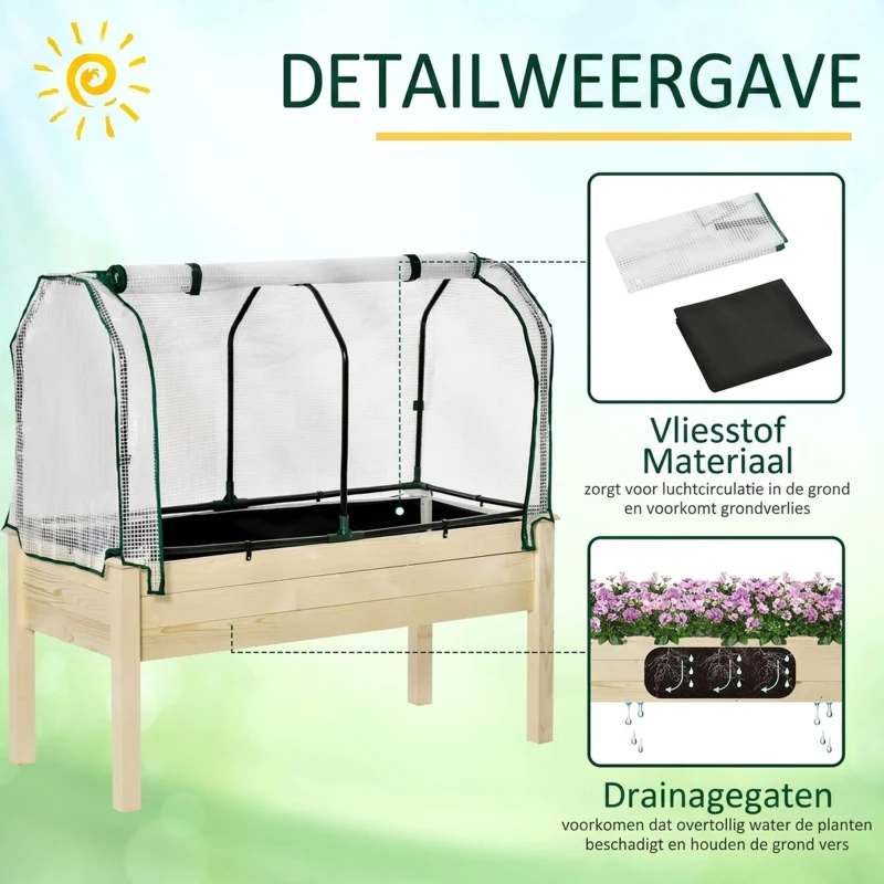 Outsunny Verhoogd Bed, Oprolbare Folieafdekking, Natuurlijk Houten Frame, Stofvoering, Afvoeropeningen, 121 x 55 x 117cm