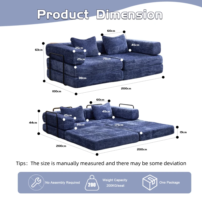 Boden-Schlafsofa, klappbar und modular, Chenille, 200x100x63 cm, Dunkelblau