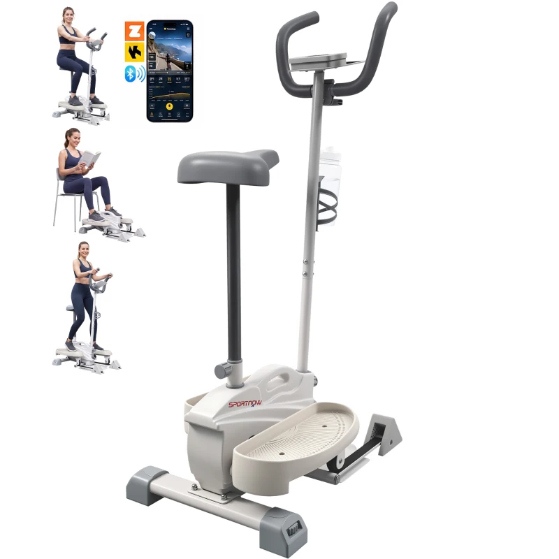 SPORTNOW Máquina Elíptica 3 en 1 Silenciosa con Asiento Resistencia Magnética Regulable Pantalla LCD Compatible con App Blanco