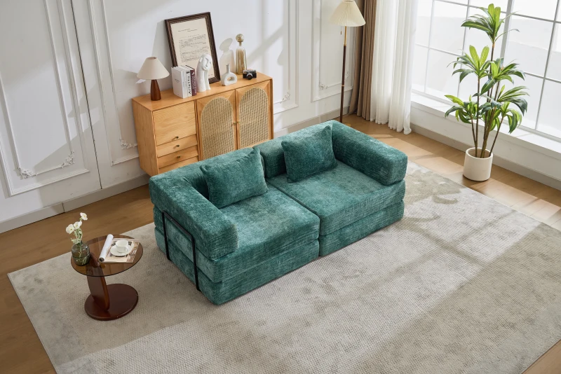Wandelbares Bodenschlafsofa, modulares Design, Chenillebezug, ohne Montage, 200x100x63 cm, Dunkelgrün