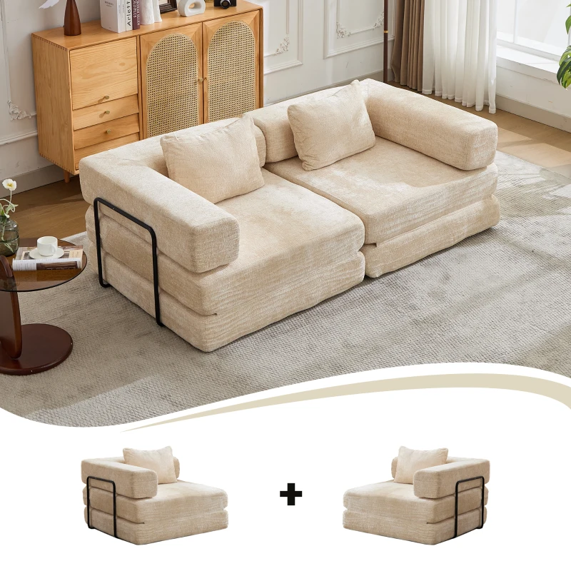 Wandelbares modulares Boden-Schlafsofa aus Chenille, klappbare Sofa- und Matratzenfunktion, 200x100x63 cm, Beige