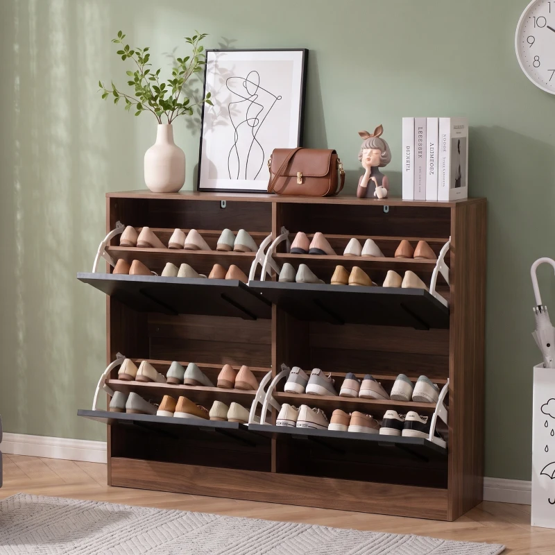 Schuhschrank mit 4 Klappen, schmal, modernes Skandi-Design, verstellbare Trennwände, Schwarz