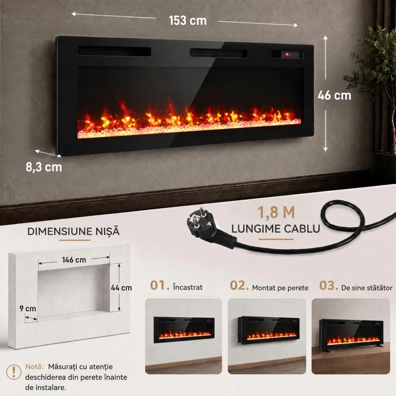 HOMCOM Șemineu electric 153 cm, încastrabil/de perete/de podea, ultrasubțire 8,3 cm, cu telecomandă, 900/1800 W, timer, negru