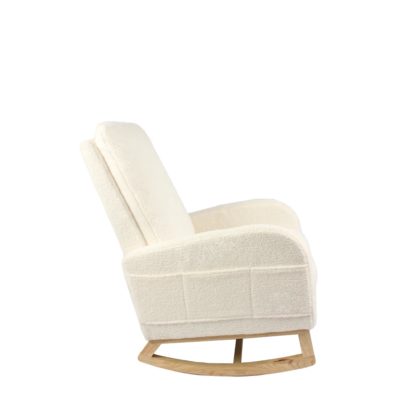 Fauteuil à bascule d’allaitement, dossier haut, tissu teddy, poche latérale, repose-pieds, base en bois courbé, Blanc