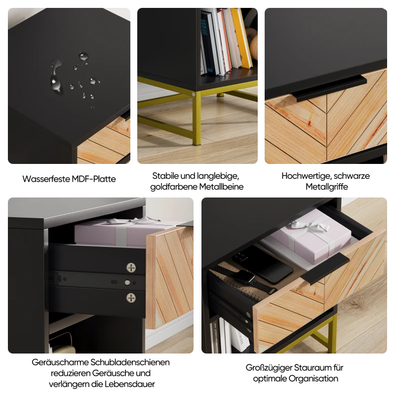 Nachttisch mit Schublade und offenem Fach, modernes Mid-Century-Design, MDF, 43x40x55 cm, Schwarz+Naturfarbe