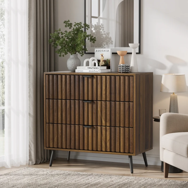 Commode à 3 tiroirs en MDF, poignées et pieds métalliques, style moderne, 80x39x78 cm, Noyer