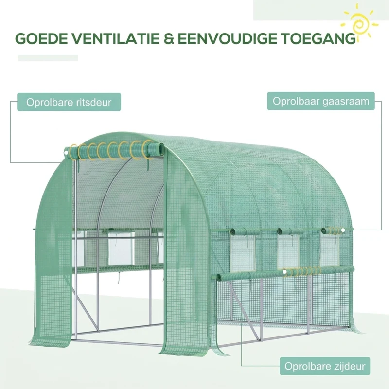 Outsunny foliekas 3 x 2 x 2 m tunnel inloopkas kas plantenhuisfolie tent 6 ramen UV-bescherming groen