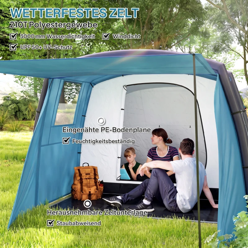 Outsunny Opblaasbare Campingtent 3-6 Personen Outdoor Tunneltent met Zijramen Deur Luchtsteunen 4,4 x 2,8 x 1,95 m Blauw