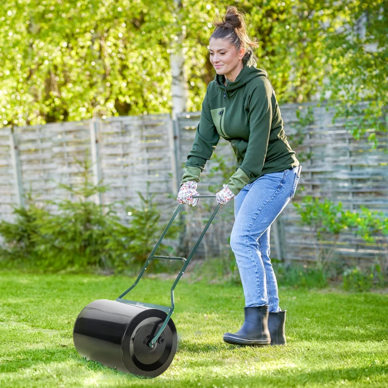 Outsunny Gazonwals met U-handgreep tuinwals tuinroller vulling 60 l water/zand metaal
