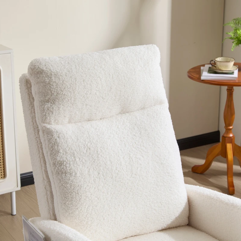 Fauteuil à bascule d’allaitement, dossier haut, tissu teddy, poche latérale, repose-pieds, base en bois courbé, Blanc