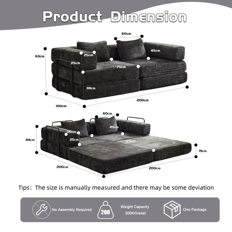 Schlafsofa, wandelbares Bodensofa, modular, Chenille, 200x100x63 cm, Schwarz
