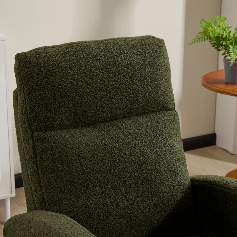 Fauteuil à bascule d’allaitement en tissu teddy, dossier haut ergonomique, base incurvée en bois et poche latérale, Vert