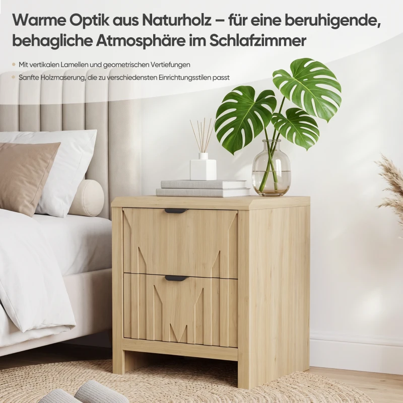 Nachttisch in Eichenoptik mit Schublade, 3D-Riffelung und Metallgriffen, Mid-Century-Modern-Stil, Eiche