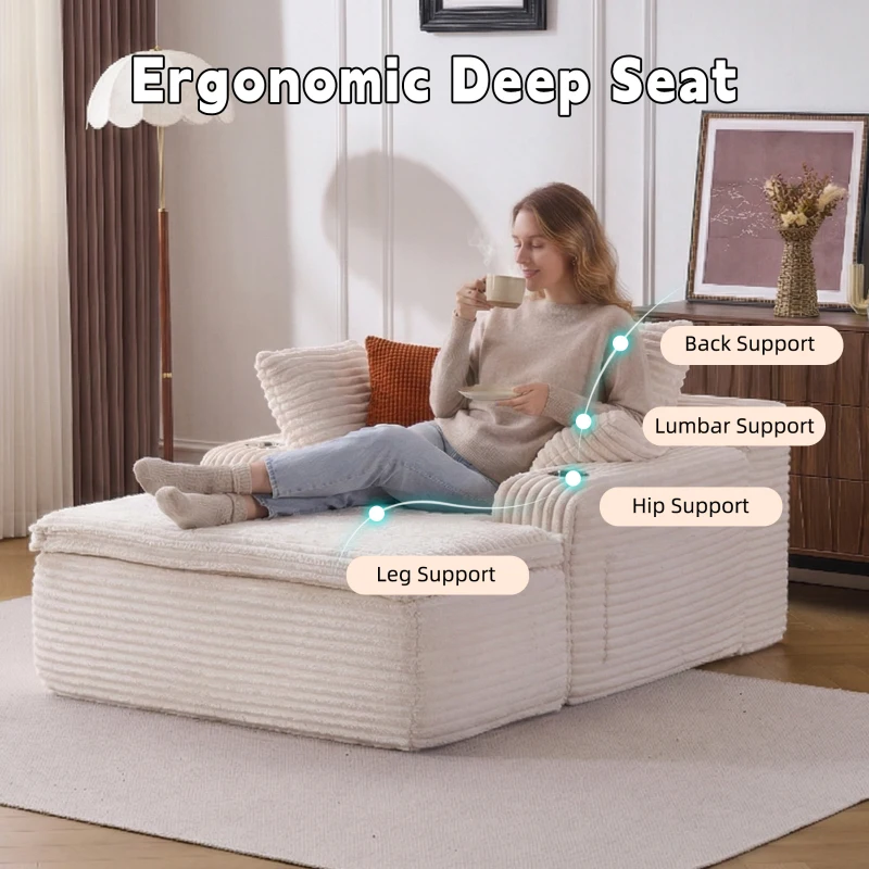 Schlafsofa mit Ottomane, werkzeuglose Einrichtung, hochdichter Schaumstoff, 2-in-1-Kissen, 165x112x63 cm, Beige